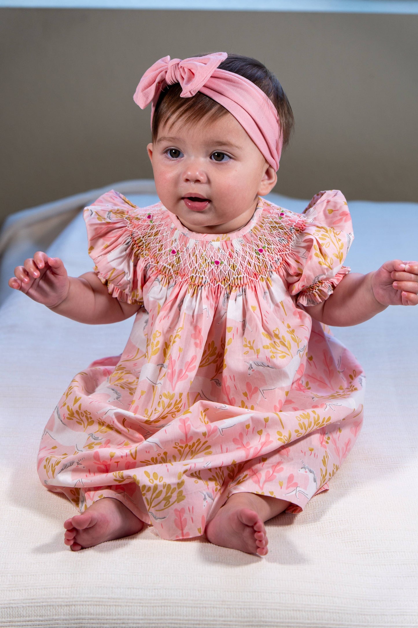Pink Geo Smocked with Unicorn Print Short Sleeve Bishop Dress