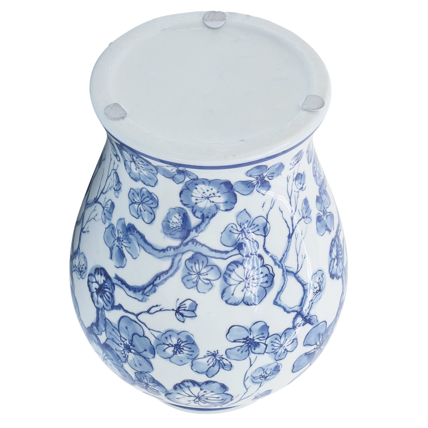 Decorative  Jar - Blue/White Ceramic Hibiscus Lidded, 15 in.