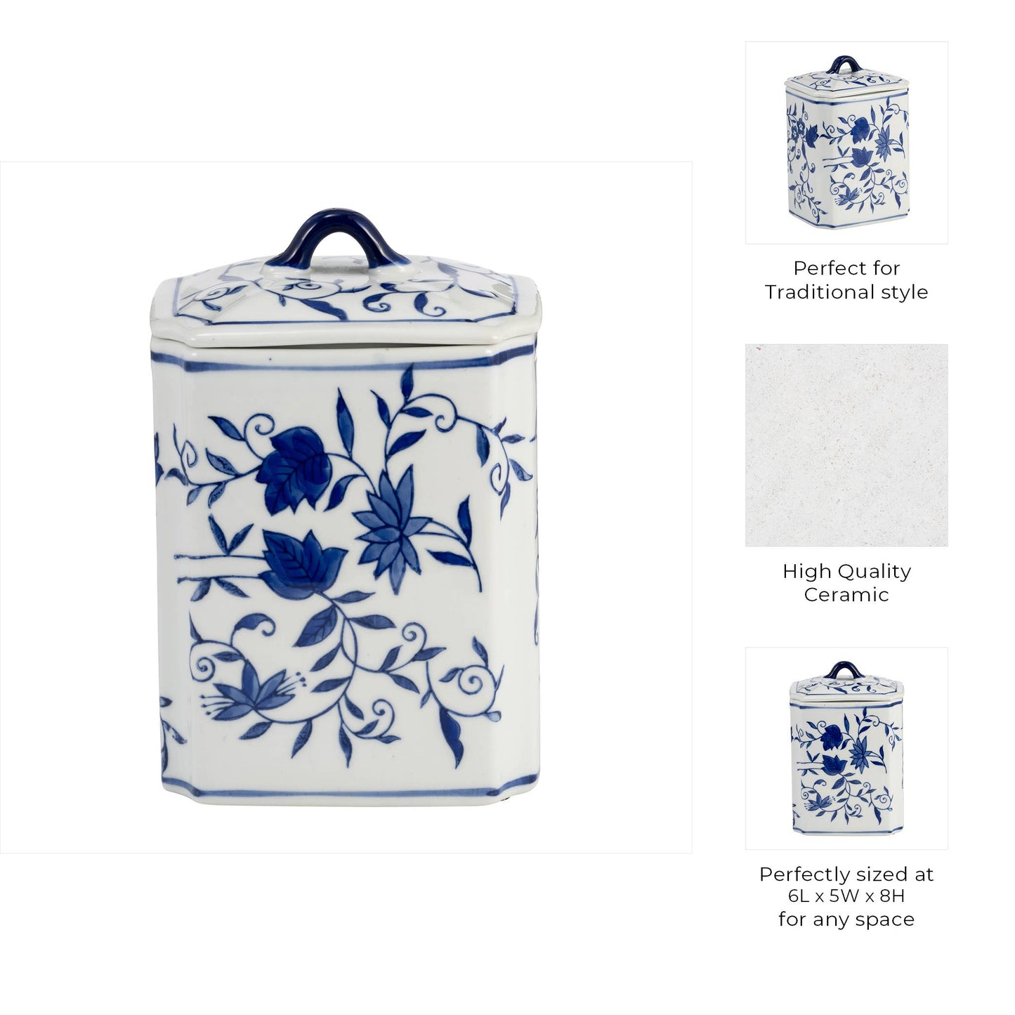 Decorative Jar - Blue Ceramic Chinoiserie Floral Lidded, 9in