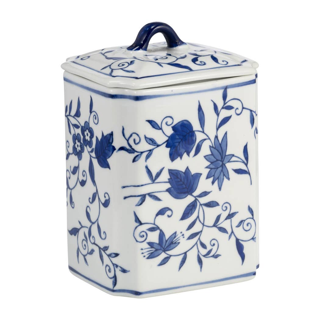 Decorative Jar - Blue Ceramic Chinoiserie Floral Lidded, 9in