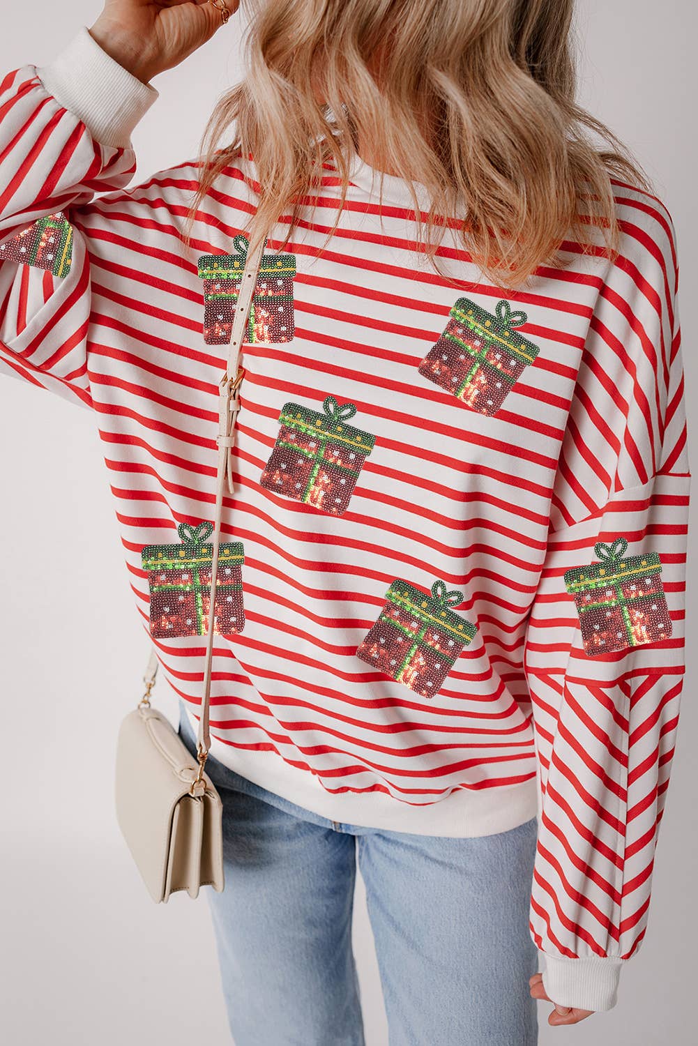 Sequin Christmas Gift Graphic Striped Sweatshirt