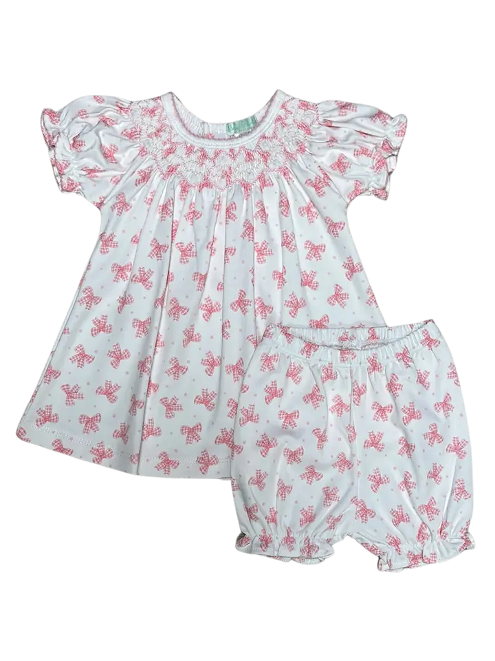 Pink Bows Hand Smocked Baby Girl Bishop Dress set
