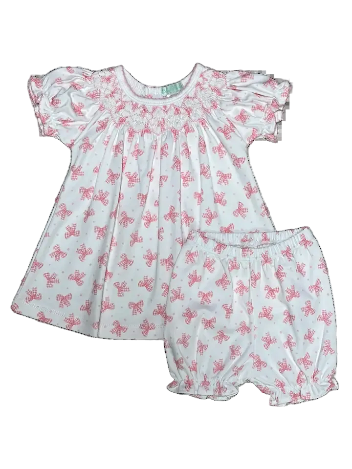 Pink Bows Hand Smocked Baby Girl Bishop Dress set