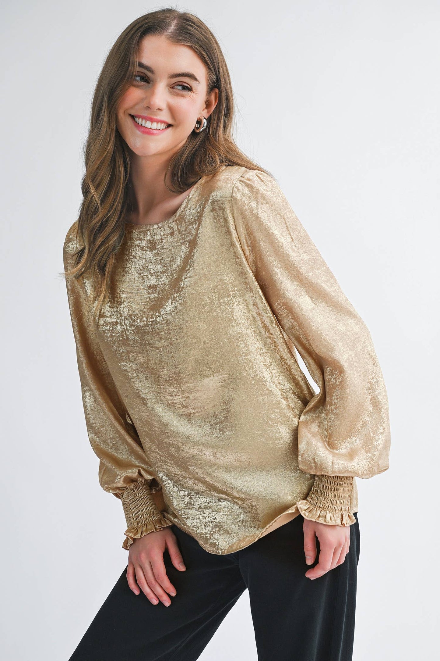 Metallic Round Neck Smocked Long Sleeve Blouse