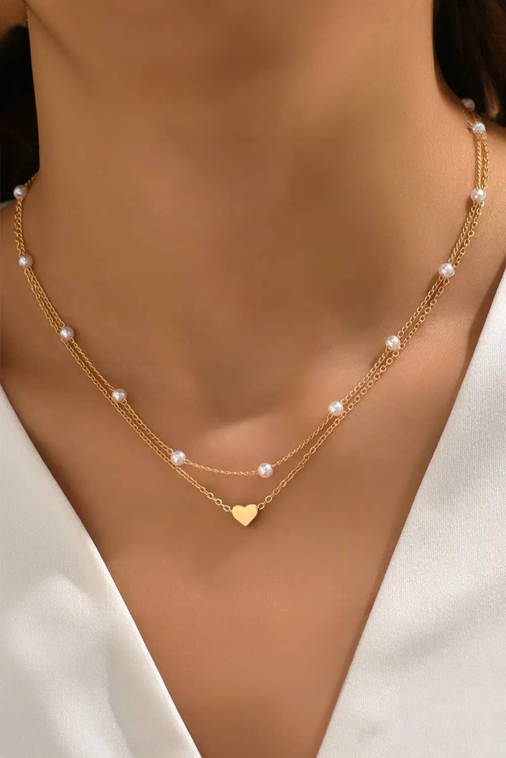 Gold Plated Heart & Pearl 2pcs Layered Necklace