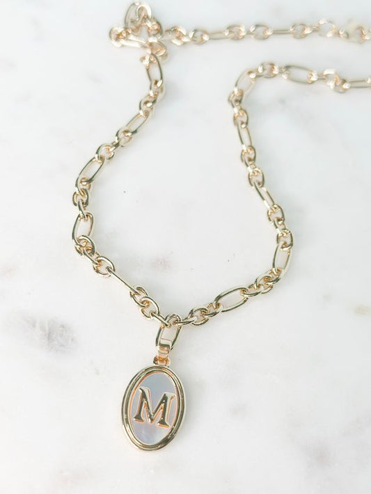 Gold Oval With White Shell Inlay Initial Necklace