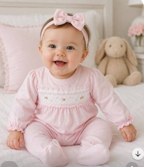 Pink hand smocked baby girl footie