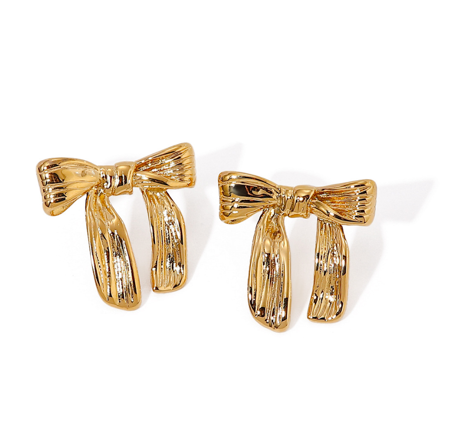 16K Gold Plated Hammered Stainless Steel Bow Earrings