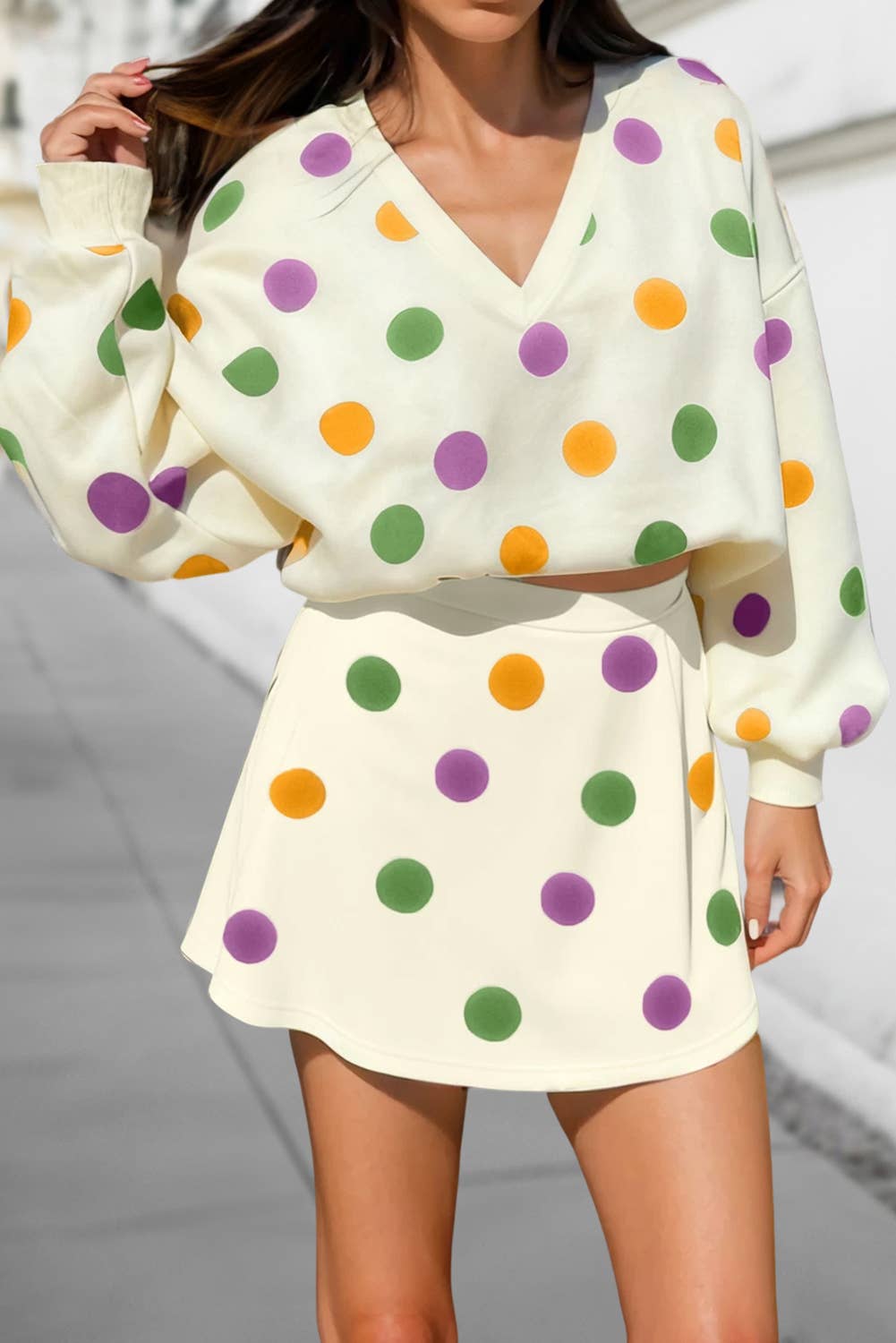 Mardi Gras Polka Dot V Neck Top & Skirt Set
