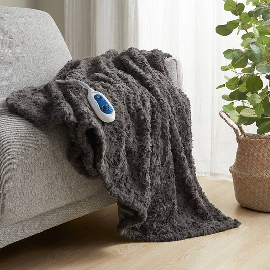 Oversized Faux Fur Heated Throw 50x70, Dark Grey