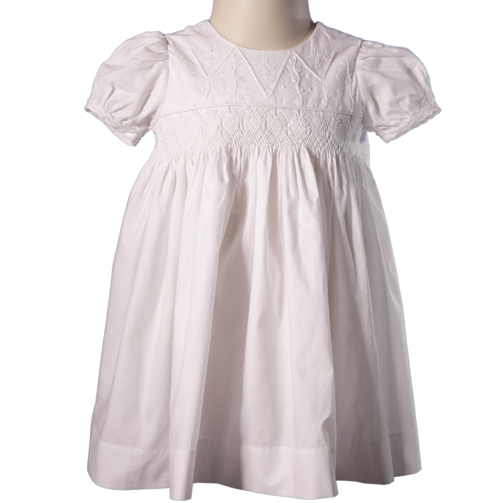 White Heirloom Smocked with Hand Embroidered Cross Dress