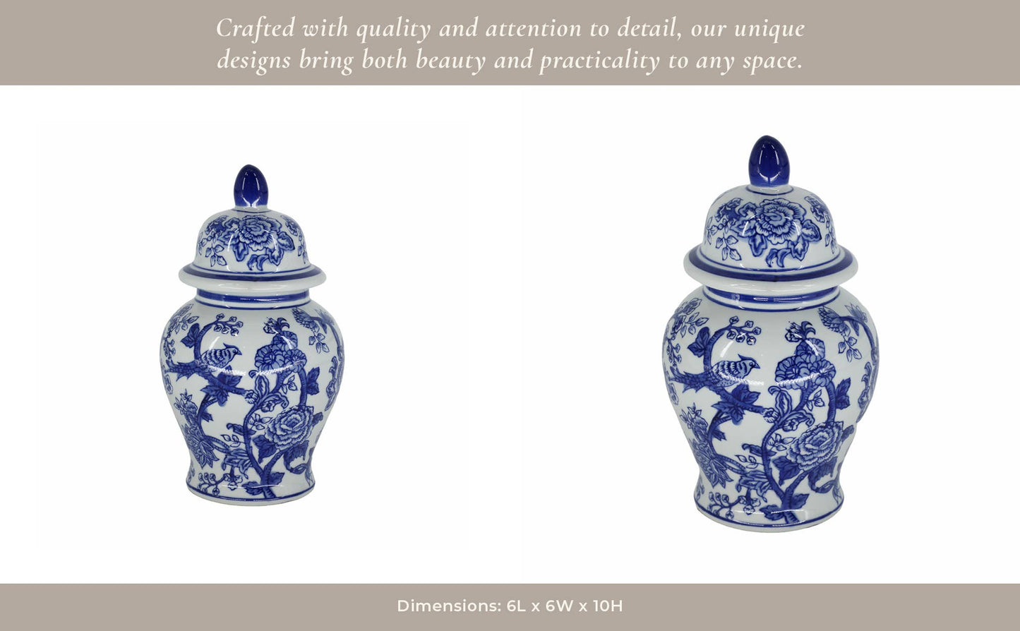 Decorative Jar - Blue Ceramic Chinoiserie Bird/Flower, 11 in