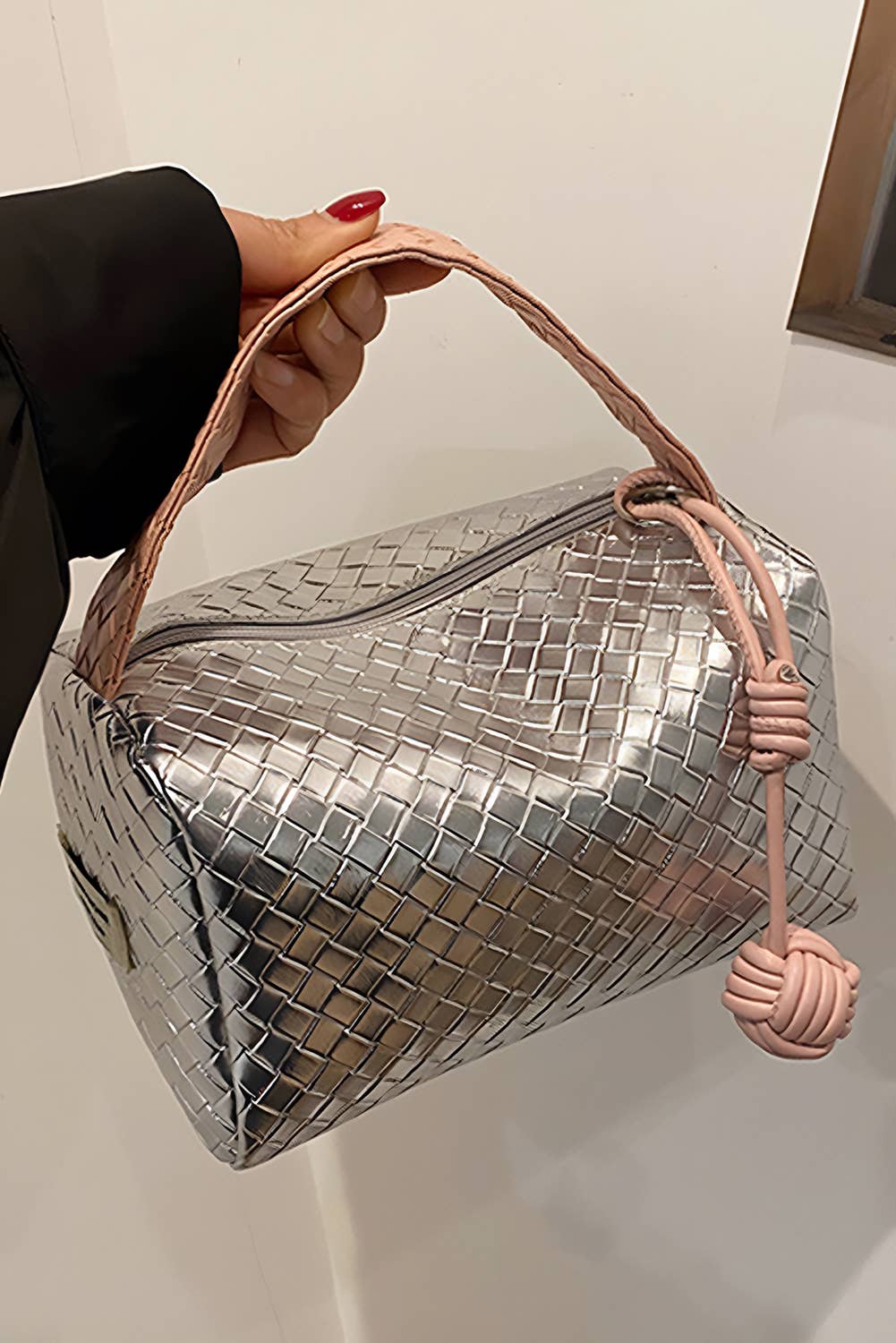 Silvery Lattice Ball Decor Weaven Handle Bag