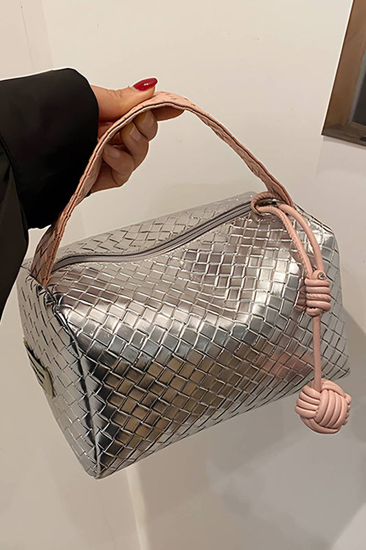 Silvery Lattice Ball Decor Weaven Handle Bag