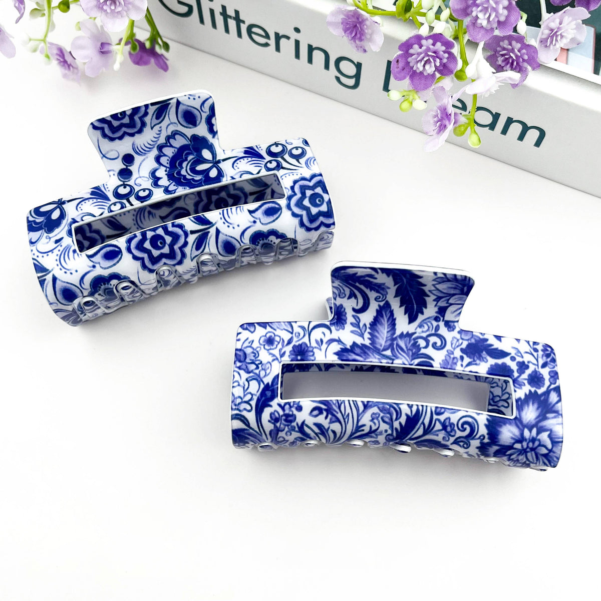 Blue & White Porcelain Pattern Rectangular Hair Claw Clip