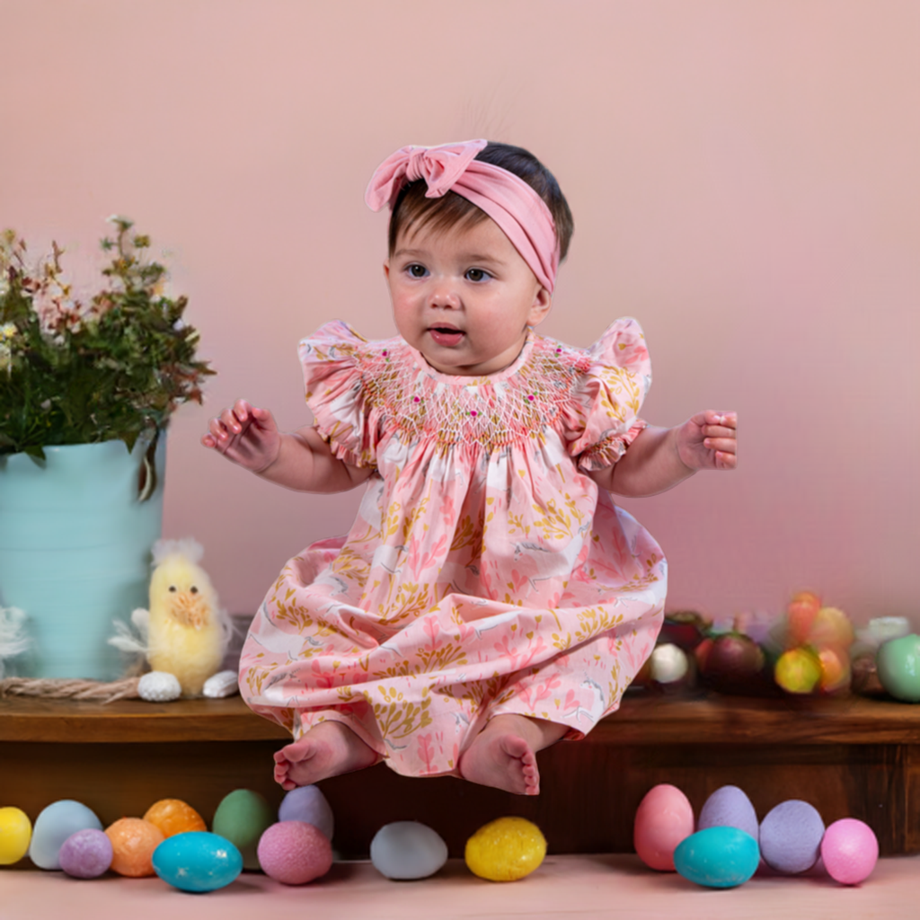 Pink Geo Smocked with Unicorn Print Short Sleeve Bishop Dress