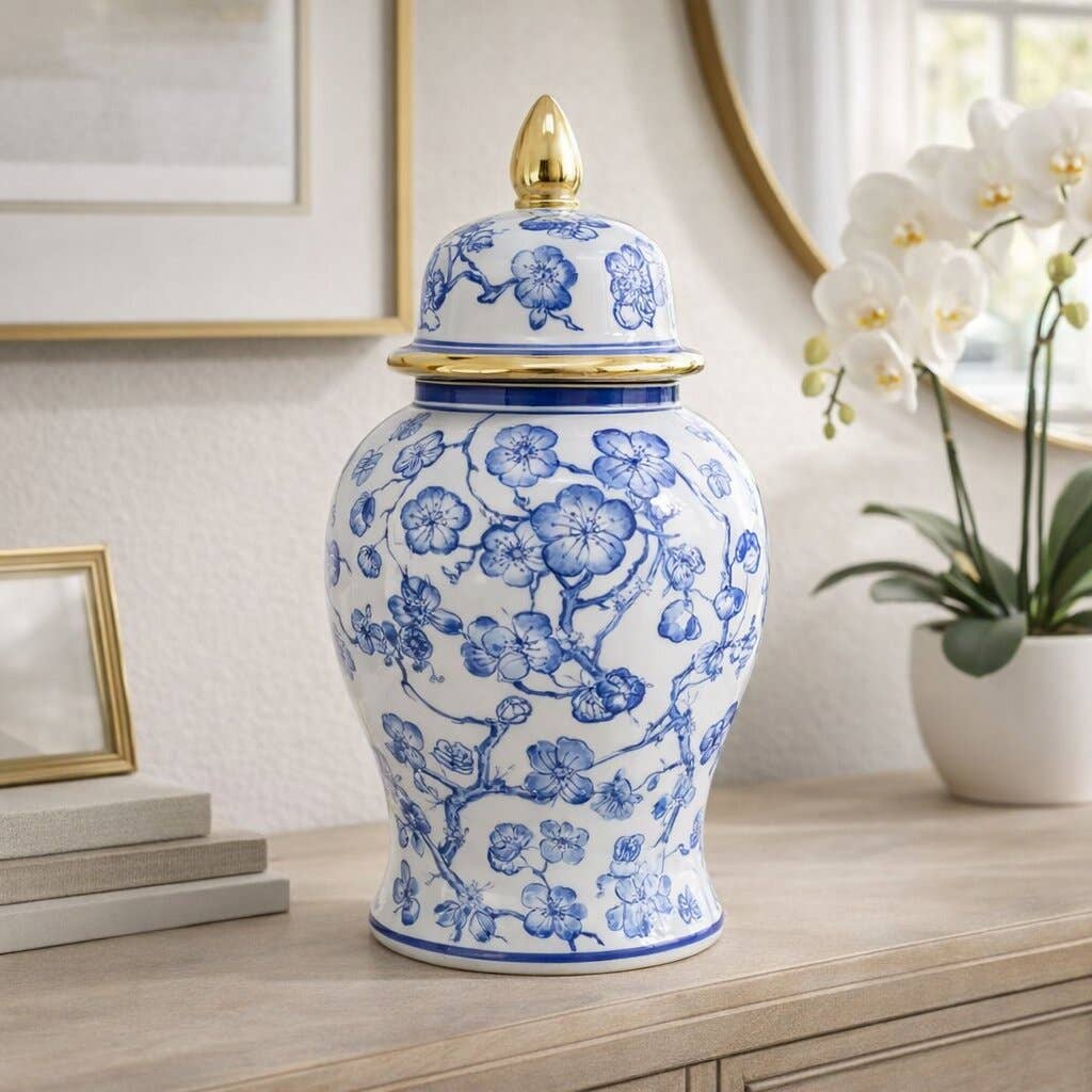 Decorative  Jar - Blue/White Ceramic Hibiscus Lidded, 15 in.