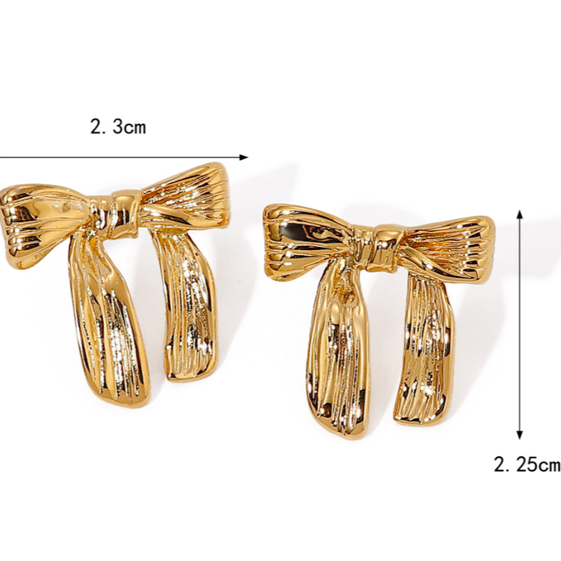 16K Gold Plated Hammered Stainless Steel Bow Earrings