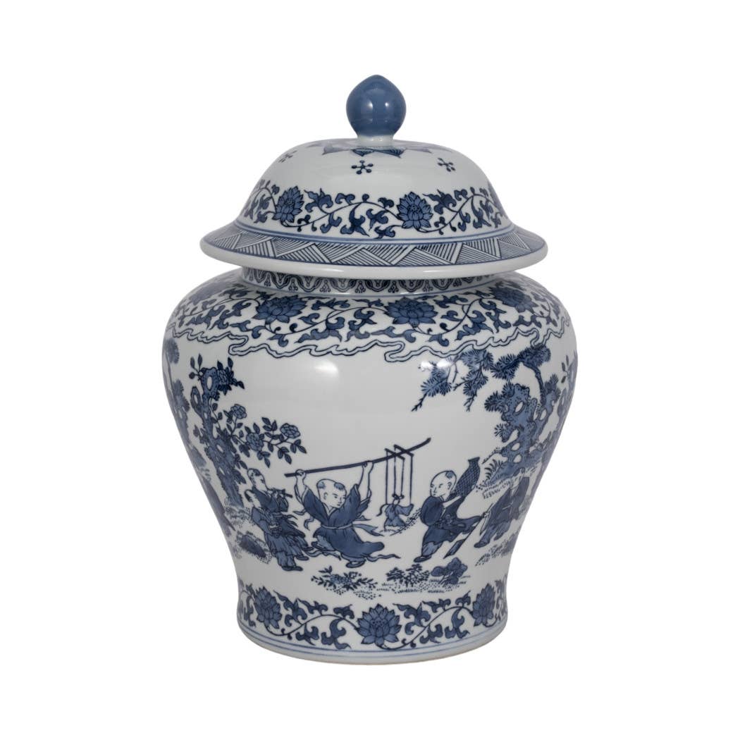 Decorative Jar - Blue Ceramic Blossoms Temple, 15 in.