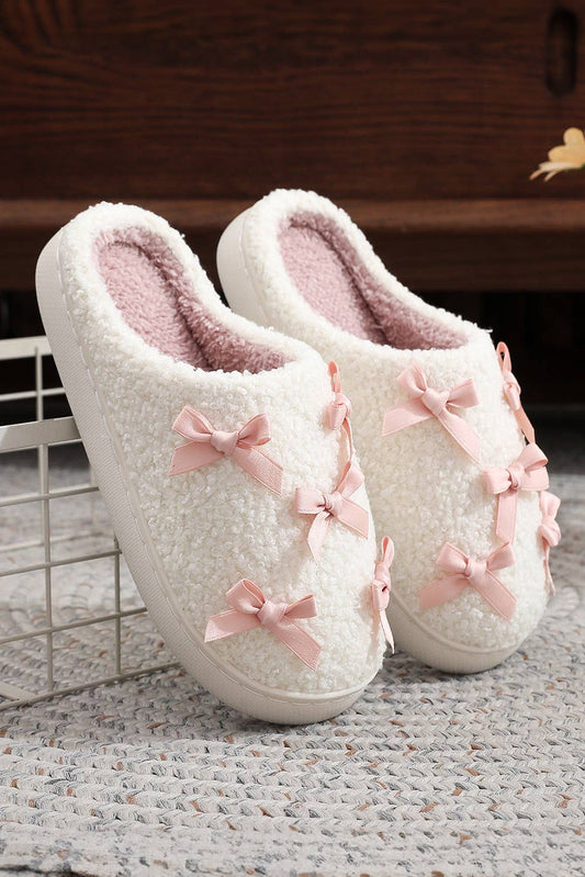 Ribbed Bow Decor Plush Slippers