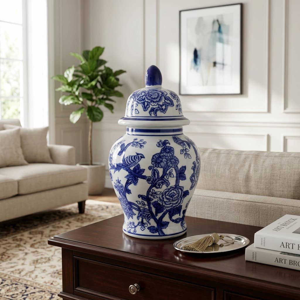 Decorative Jar - Blue Ceramic Chinoiserie Bird/Flower, 11 in