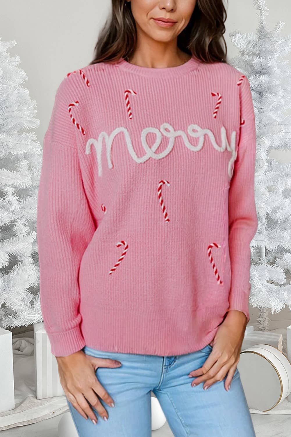 Christmas Merry Candy Cane Puffy Knit Sweater