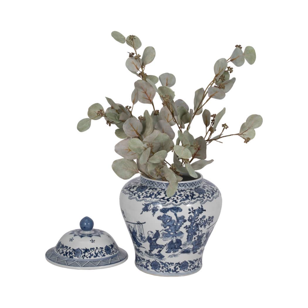 Decorative Jar - Blue Ceramic Blossoms Temple, 15 in.