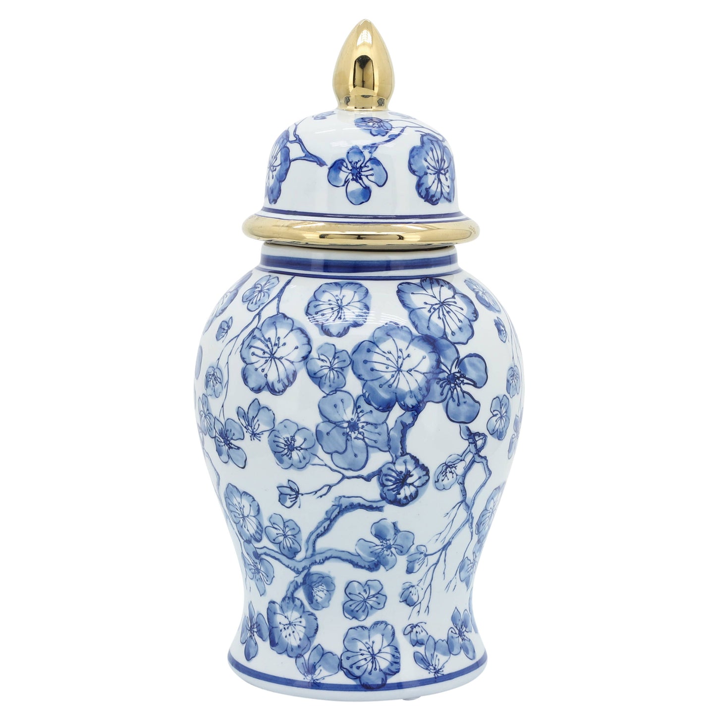 Decorative  Jar - Blue/White Ceramic Hibiscus Lidded, 15 in.