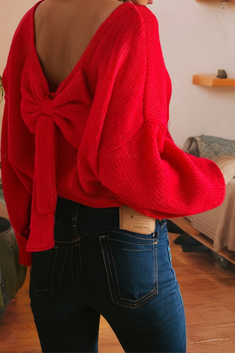 Bow Backless Bubble Sleeve Sweater