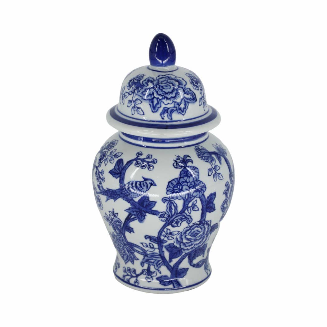 Decorative Jar - Blue Ceramic Chinoiserie Bird/Flower, 11 in