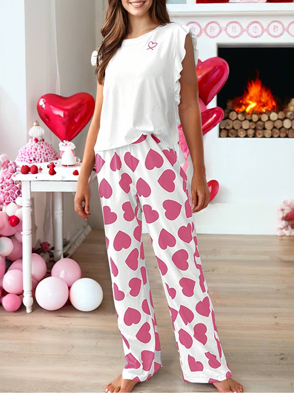Heart Print Ruffle Pajama Set