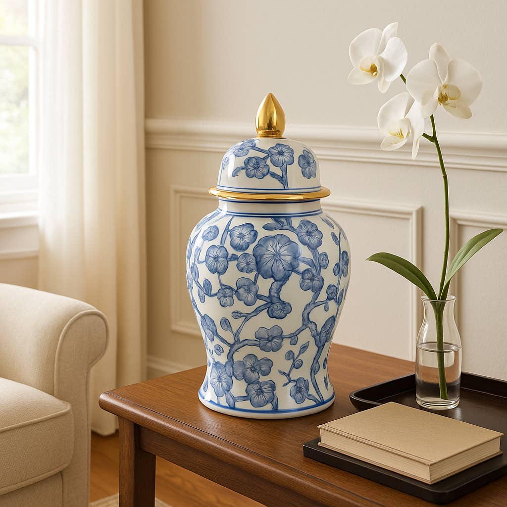 Decorative  Jar - Blue/White Ceramic Hibiscus Lidded, 15 in.