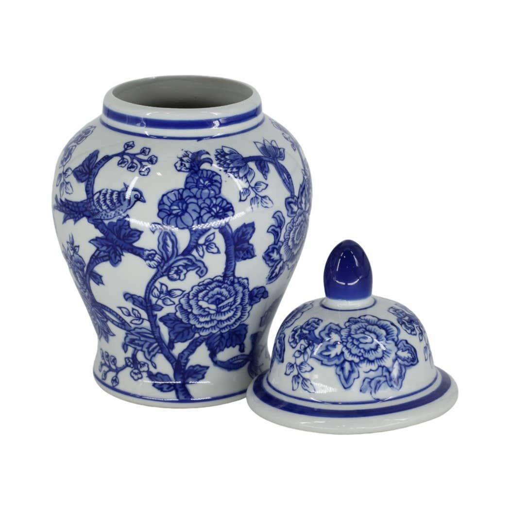 Decorative Jar - Blue Ceramic Chinoiserie Bird/Flower, 11 in