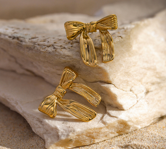 16K Gold Plated Hammered Stainless Steel Bow Earrings