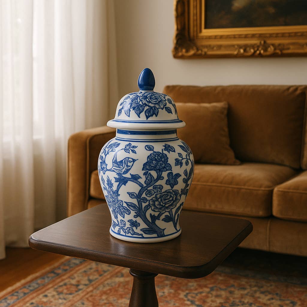 Decorative Jar - Blue Ceramic Chinoiserie Bird/Flower, 11 in