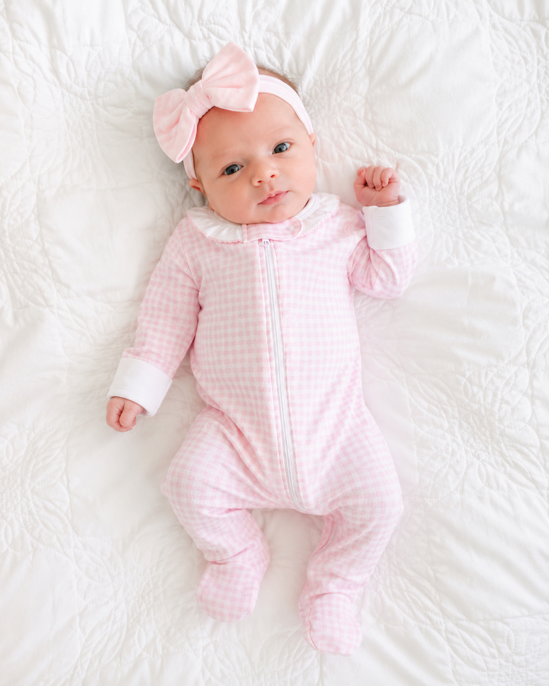 Baby Girl's "Pink Checks" Zipper Pima Cotton Footie