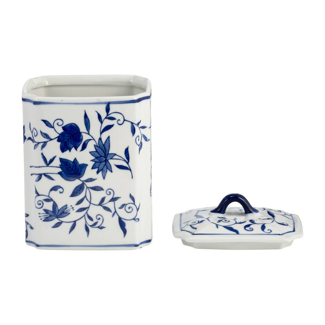 Decorative Jar - Blue Ceramic Chinoiserie Floral Lidded, 9in