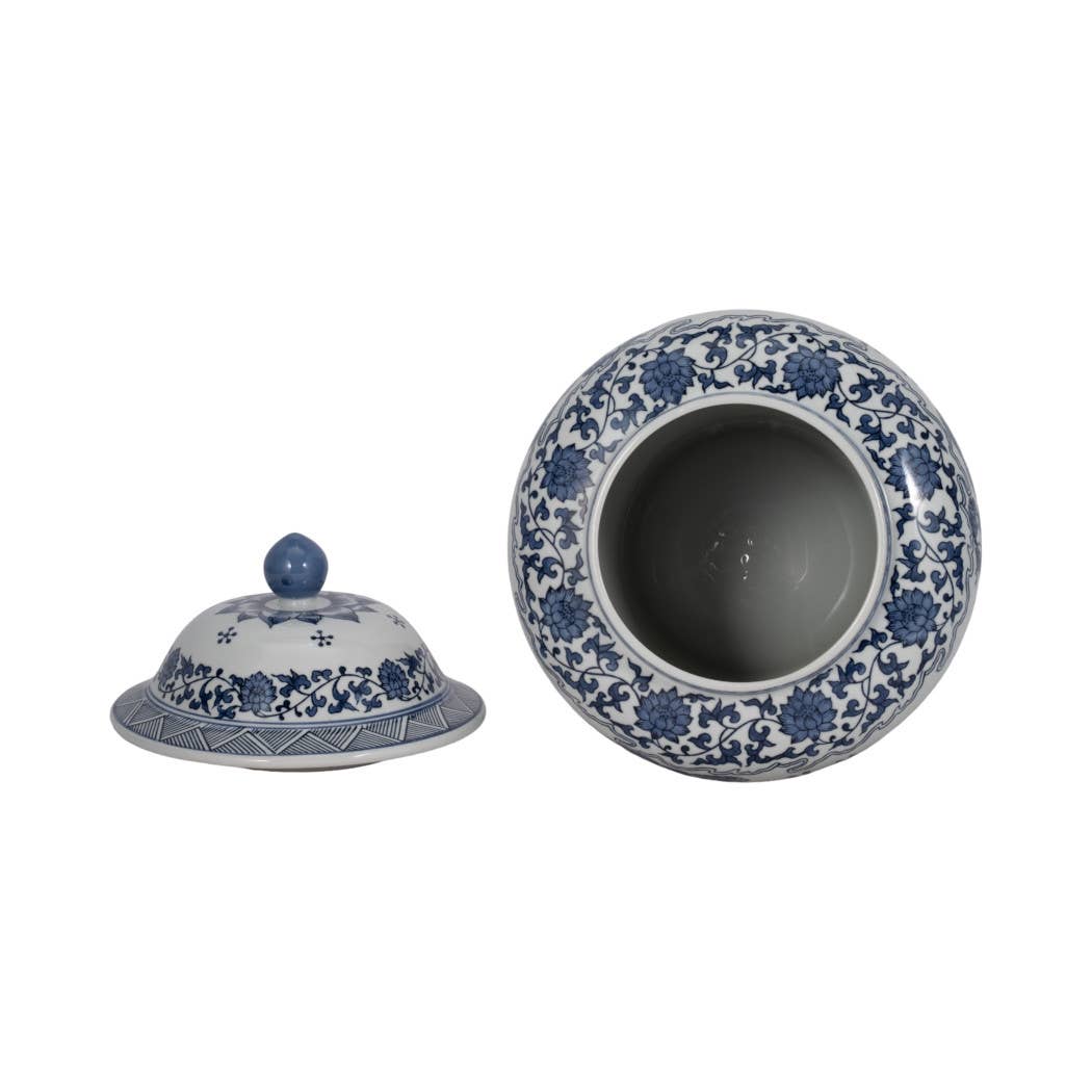 Decorative Jar - Blue Ceramic Blossoms Temple, 15 in.