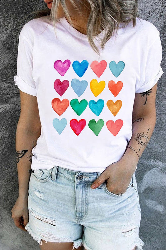 Colorful Heart Print Crew Neck T Shirt