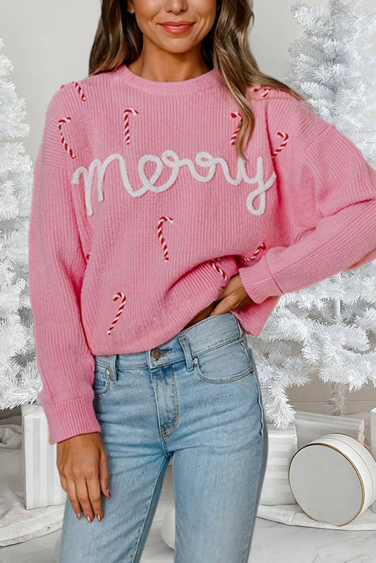 Christmas Merry Candy Cane Puffy Knit Sweater