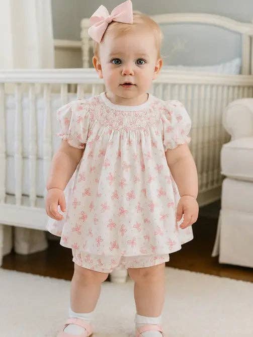 Pink Bows Hand Smocked Baby Girl Bishop Dress set