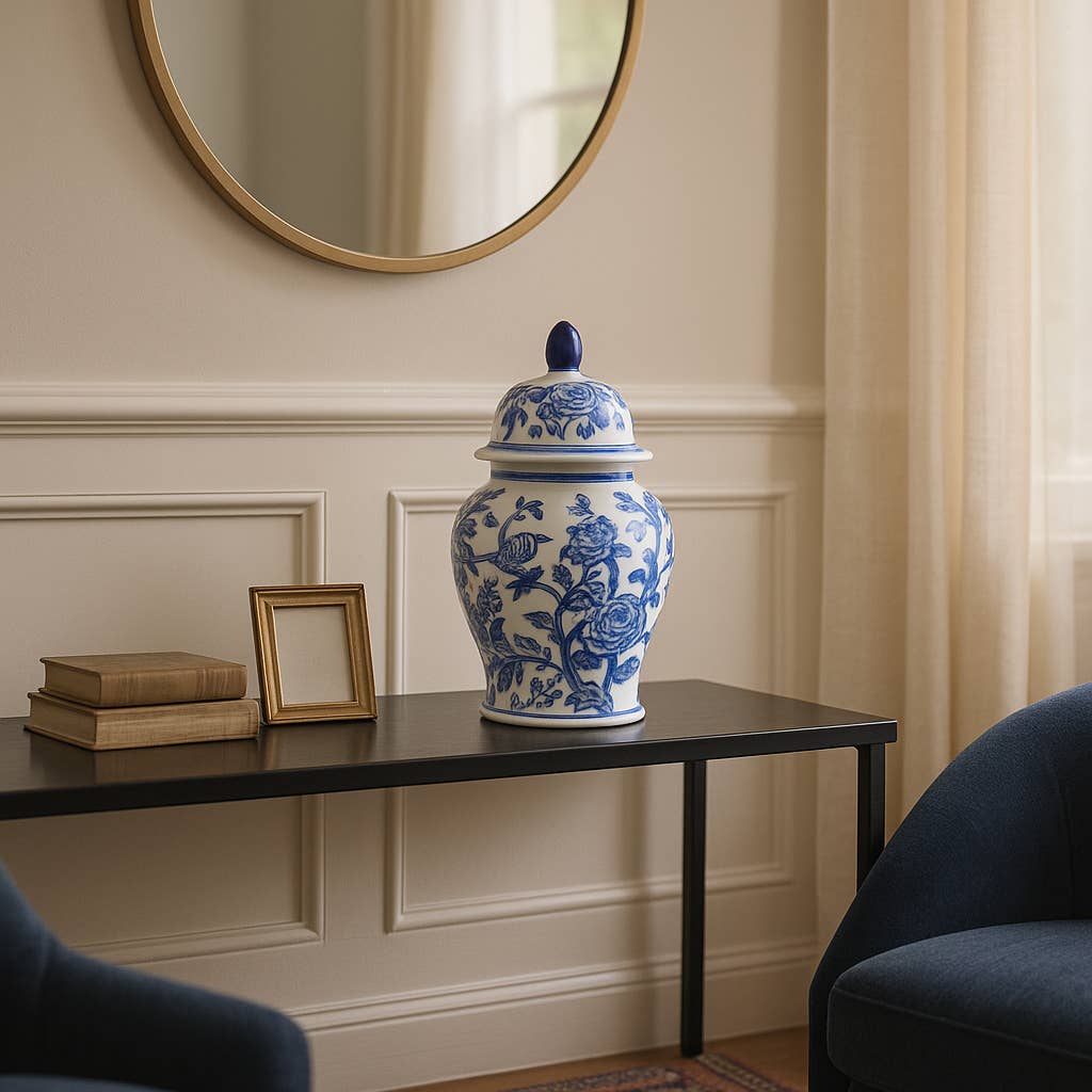 Decorative Jar - Blue Ceramic Chinoiserie Bird/Flower, 11 in