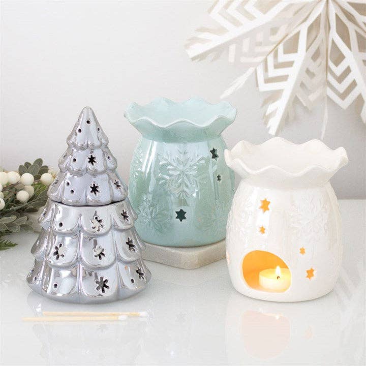 Iridescent White Snowflake Winter Oil Burner and Wax Warmer