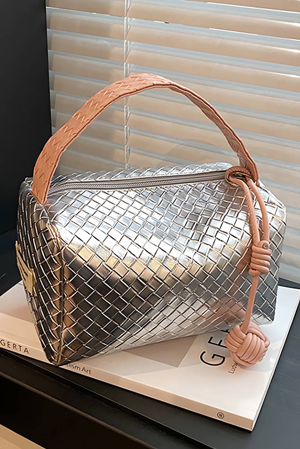 Silvery Lattice Ball Decor Weaven Handle Bag