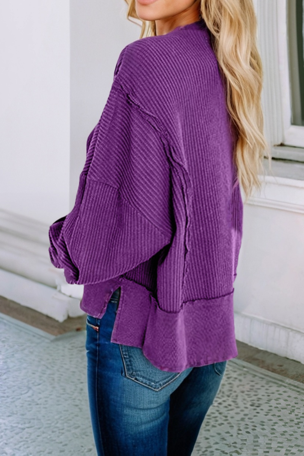 Purple Raw Seam Patchwork Ribbed Sweatshirt