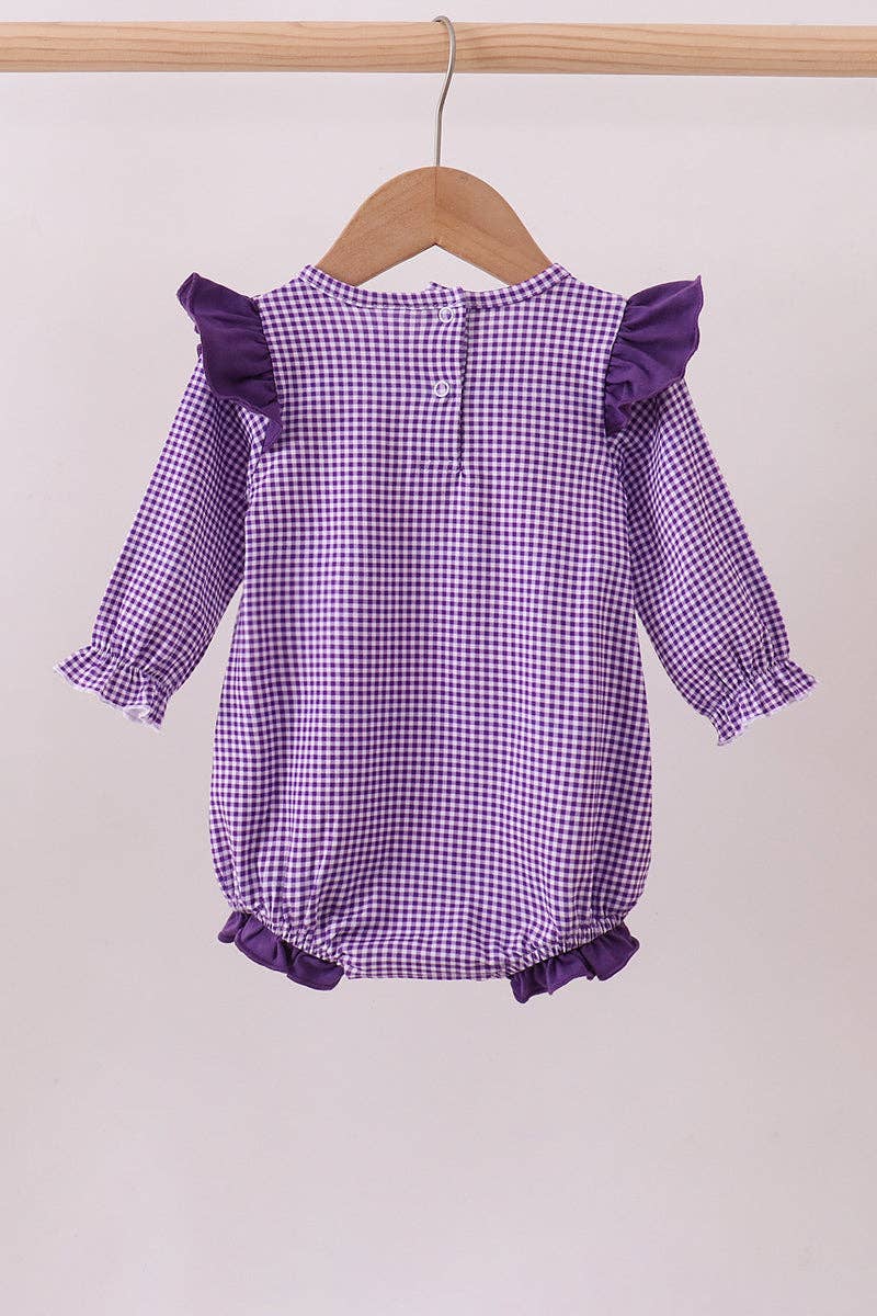 Premium Purple LSU tiger embroidery gingham ruffle bubble