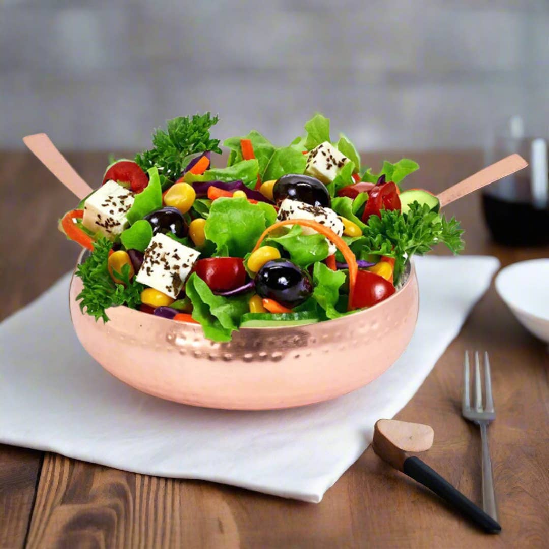 Copper Hammered Salad Bowl with Serving Spoon & Fork Set