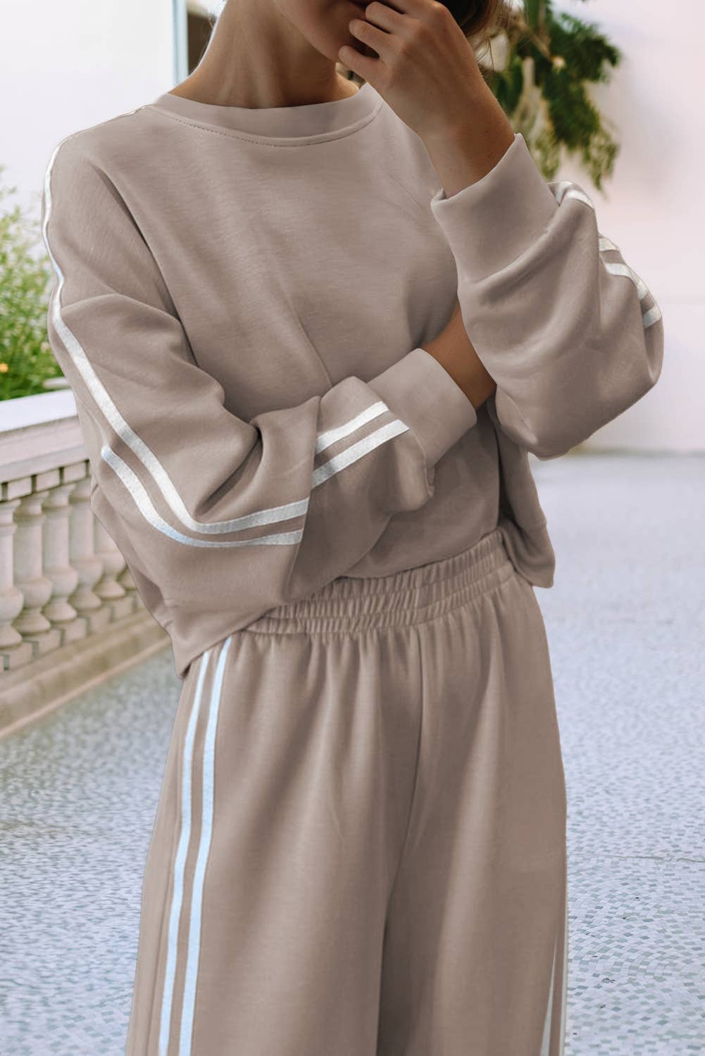 Striped Crewneck Pullover Sweatpants 2pcs