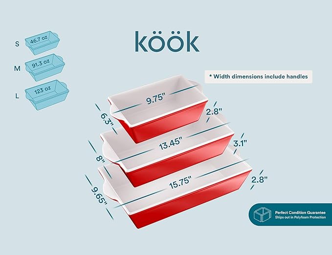 Kook Ceramic Baking Dishes, Small, Medium, Large