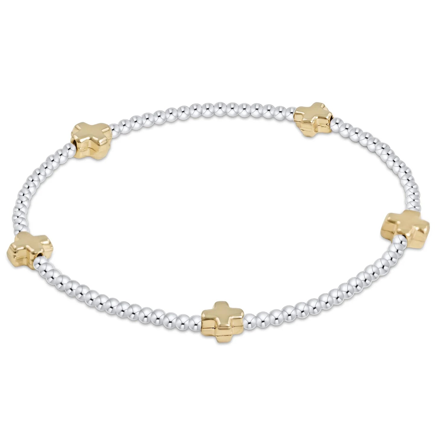 E Newton Signature Cross Small Sterling Mixed Metal Pattern 2mm Bead Bracelet - Gold